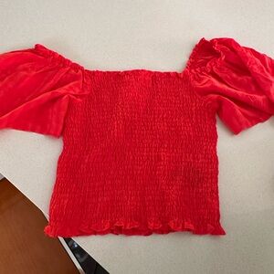 NWT H&M Red Smocked Ruffled Short Sleeve Blouse